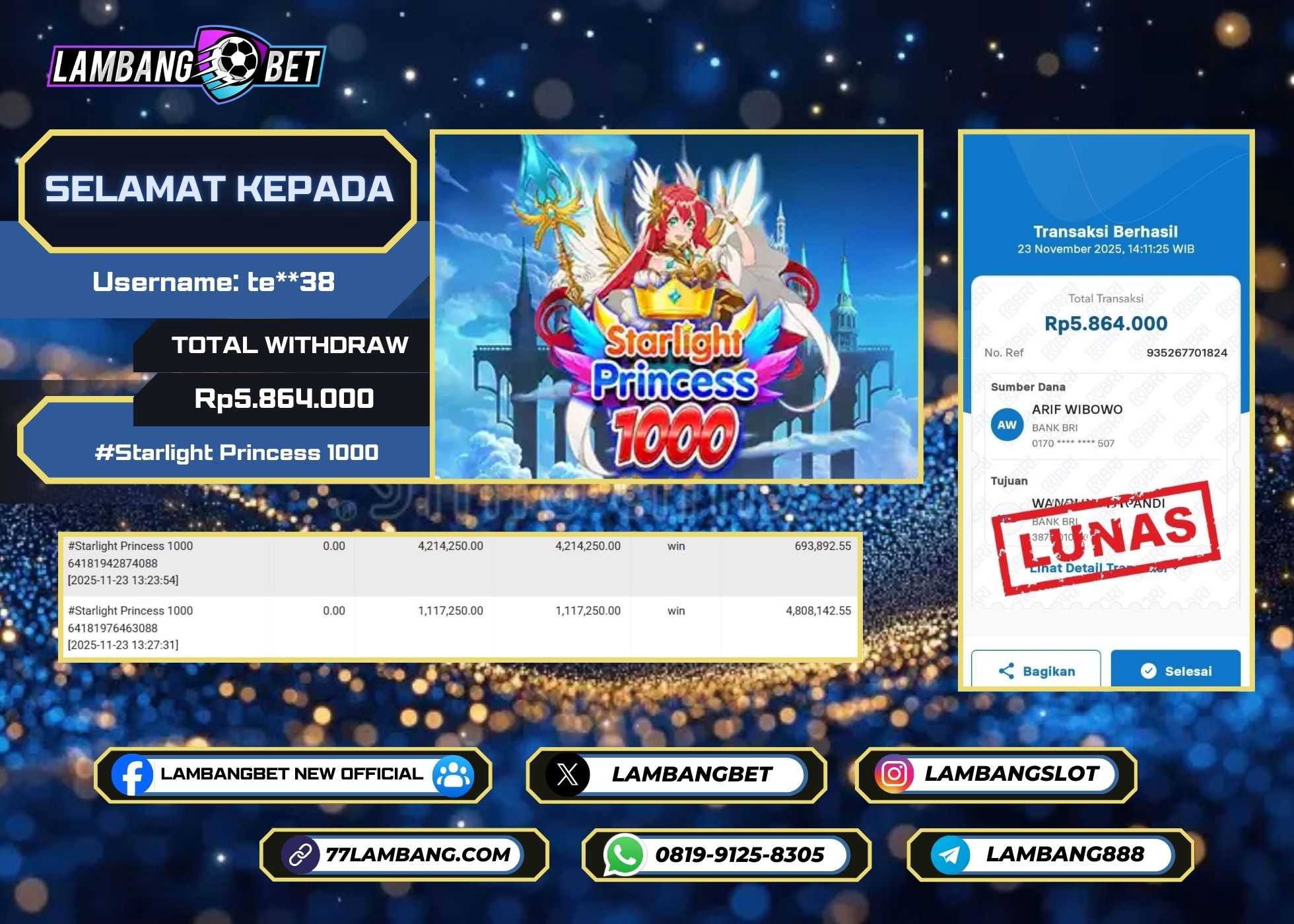 LAMBANGBET [23 NOVEMBER 2025] JACKPOT SLOT Starlight Princess 1000 "Rp5.864.000" LUNAS